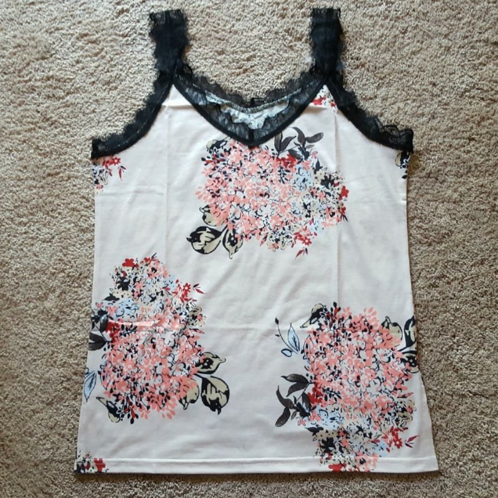Women's floral pink black lace tank top L
